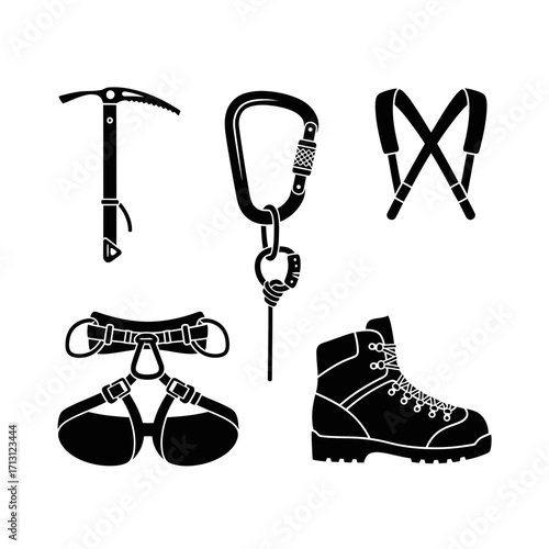 Mountaineering icon set in minimalist style featuring climbing gear