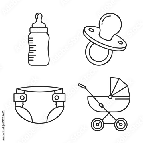 Newborn baby icon set in line art style featuring essential items