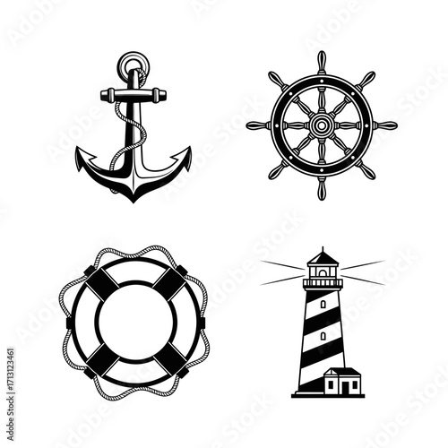 Nautical-themed icon set featuring anchors, lighthouses, and wheels