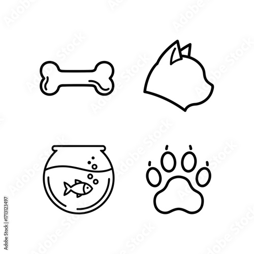 Pet care icon set in minimalist style featuring black outlines