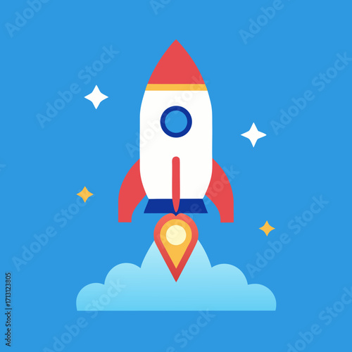 Cartoon rocket launching into space with stars and clouds