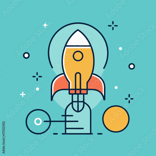 Stylized rocket launching into space with celestial elements