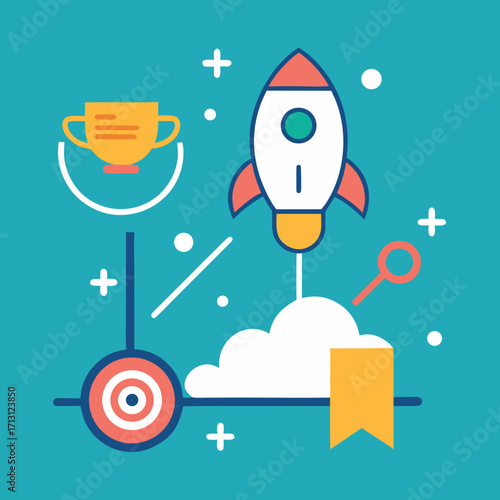 Rocket launch success with trophy and target achieved