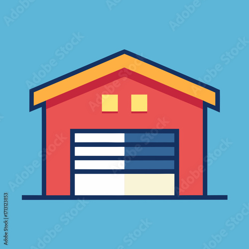Simple flat design red garage with orange roof and blue sky background
