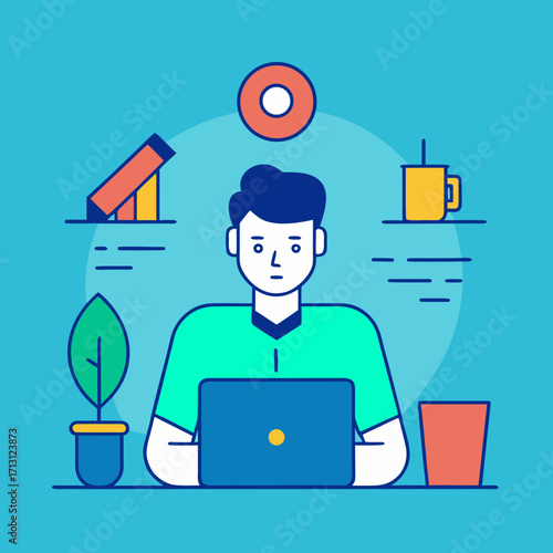 Man working on laptop with office supplies and plant