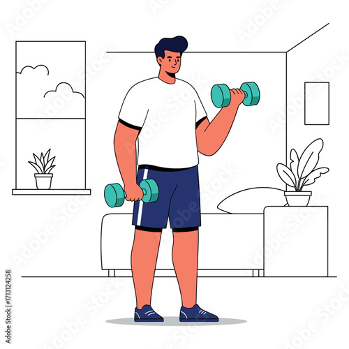 Home fitness routine living room illustration indoor front view wellness concept. Vector illustration