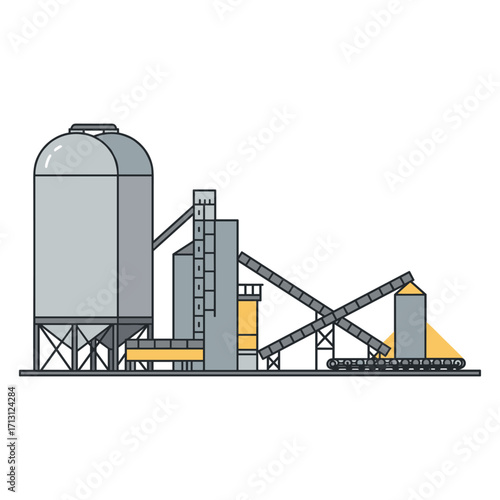 Industrial cement production process factory infographic urban environment side view manufacturing insights. Vector illustration