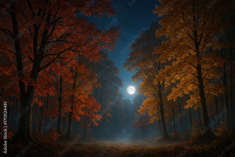 Fototapeta premium Moonlit autumn forest with luminous mist and rich scarlet and gold foliage under starry night sky atmospheric cinematic landscape