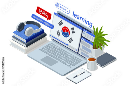Korean, South Korea. Isometric person learning a foreign language with a virtual assistant on a tablet, showcasing modern digital education. Modern AI assistant for education, e-learning