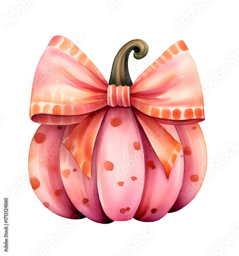 Pink Pumpkin with Bow – Cute Fall and Halloween, Thanksgiving Watercolor Design