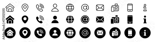 Business icon for company connection set in different style. Name, phone, mobile, place, location, mail, website and message card sign. Contact symbol design template. Vector 10 eps.
