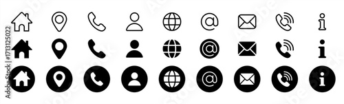 Business icon for company connection set in different style. Name, phone, mobile, place, location, mail, website and message card sign. Contact symbol design template. Vector 10 eps.
