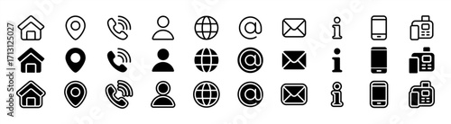 Business icon for company connection set in different style. Name, phone, mobile, place, location, mail, website and message card sign. Contact symbol design template. Vector 10 eps.