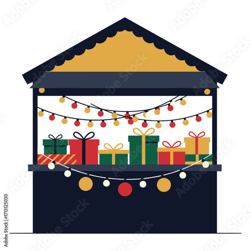 Festive holiday market stall christmas theme digital illustration cheerful atmosphere front view gift inspiration. Vector illustration