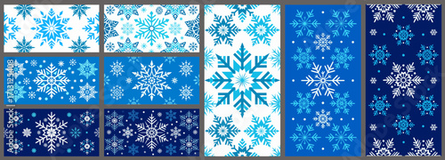 Stylish vector set of snowflake patterns in blue tones for winter themed design concepts