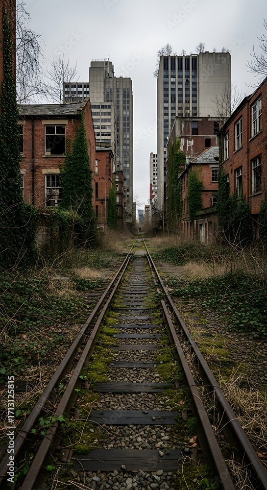 Naklejka premium A deserted train track winds through a forgotten urban alleyway, lined with overgrown, decaying buildings.
