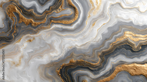 Wallpaper Mural A close-up view of a marble surface with intricate patterns and swirling designs in shades of gray and gold, captured in a detailed photograph Torontodigital.ca