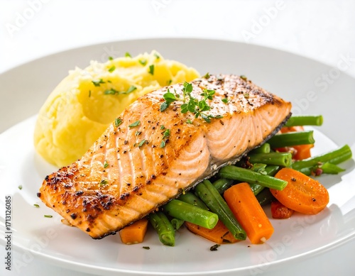 Grilled salmon fillet with mashed potatoes and mixed vegetables