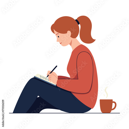 Creative writing session at home individual digital illustration cozy environment side view focus on inspiration. Vector illustration
