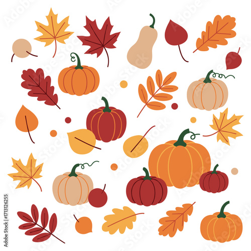 Autumn harvest celebration with pumpkins and leaves nature digital artwork vibrant colors aerial view seasonal theme. Vector illustration