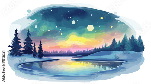 Northern Lights in Lapland. Northern Lights in Lapland watercolor vector illustration
