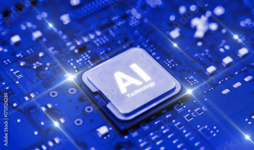 AI microchip installed on glowing blue motherboard, representing artificial intelligence technology and futuristic computing.