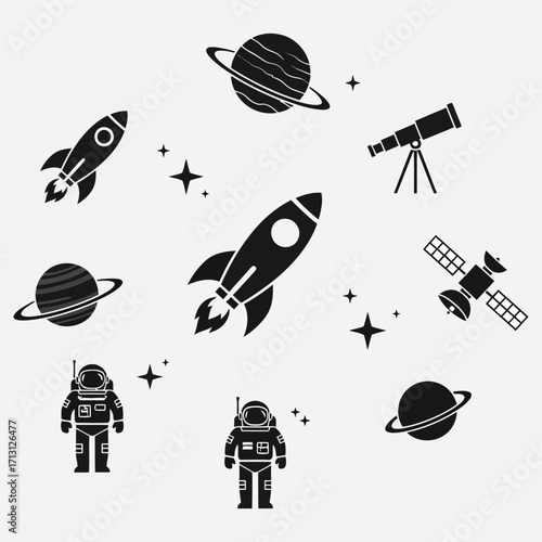 Space Exploration Elements Rockets, Planets, Astronauts, Telescope, and Satellite Icons