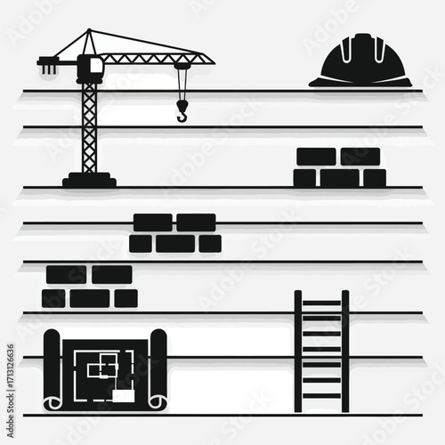 Construction site icons representing the building process and its stages