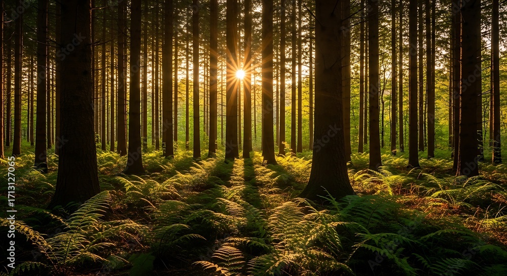 Fototapeta premium Golden sunlight streams through a dense forest, illuminating ferns and towering trees.