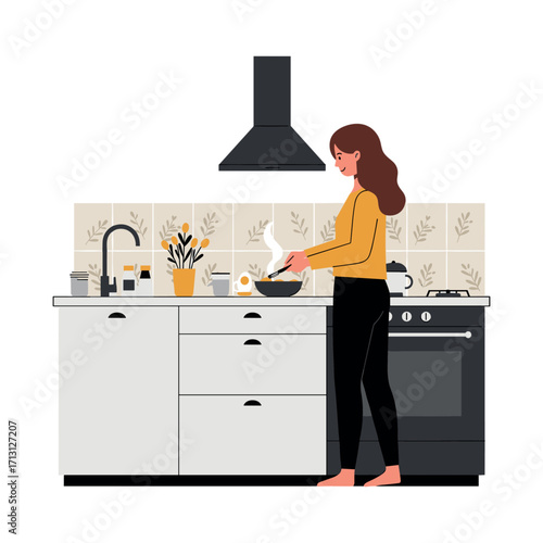 Cooking action in a modern kitchen food preparation scene cozy environment indoor viewpoint. Vector illustration