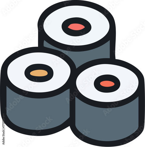 Simple vector icon of three Japanese sushi maki rolls.
