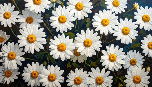 A detailed close-up view of many white daisies with bright yellow centers, arranged in a dense cluster on a dark background.