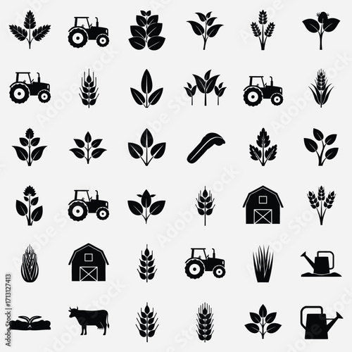 Farm Icons Set Tractors, Crops, and Agriculture Elements in Black and White