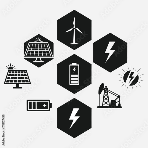 Stylized graphic of essential energy sources, encompassing clean solar and wind power, traditional fossil fuel production, and efficient battery electricity storage icons