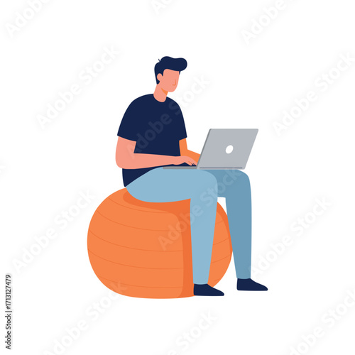 Focused individual working on laptop while sitting on bean bag cozy home office digital lifestyle scene. Vector illustration