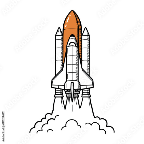 Rocket launch event space center digital illustration outdoor ground view science and technology exploration. Vector illustration