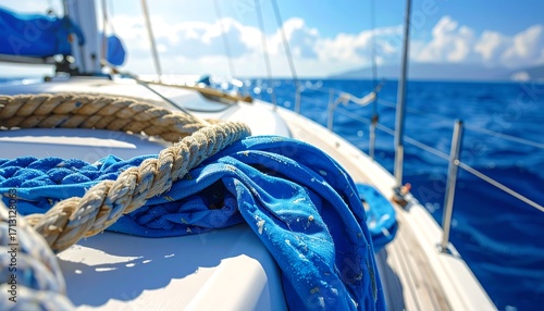 Close-up view of nautical ropes and blue fabric draped on a white sailboat deck, with a tranquil ocean backdrop.