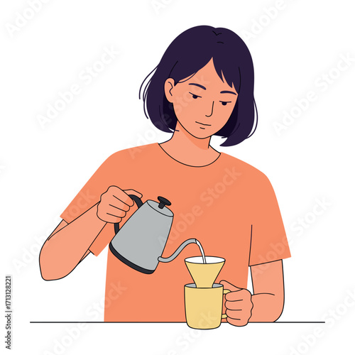 Brewing hot coffee at home kitchen digital illustration cozy environment daily ritual. Vector illustration