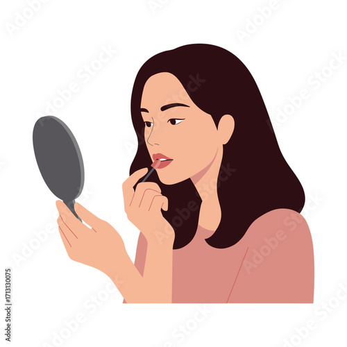Applying lipstick with a mirror home digital illustration indoor beauty routine. Vector illustration