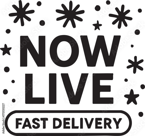 Festive Now Live Fast Delivery Announcement with Snowflakes and Stars.