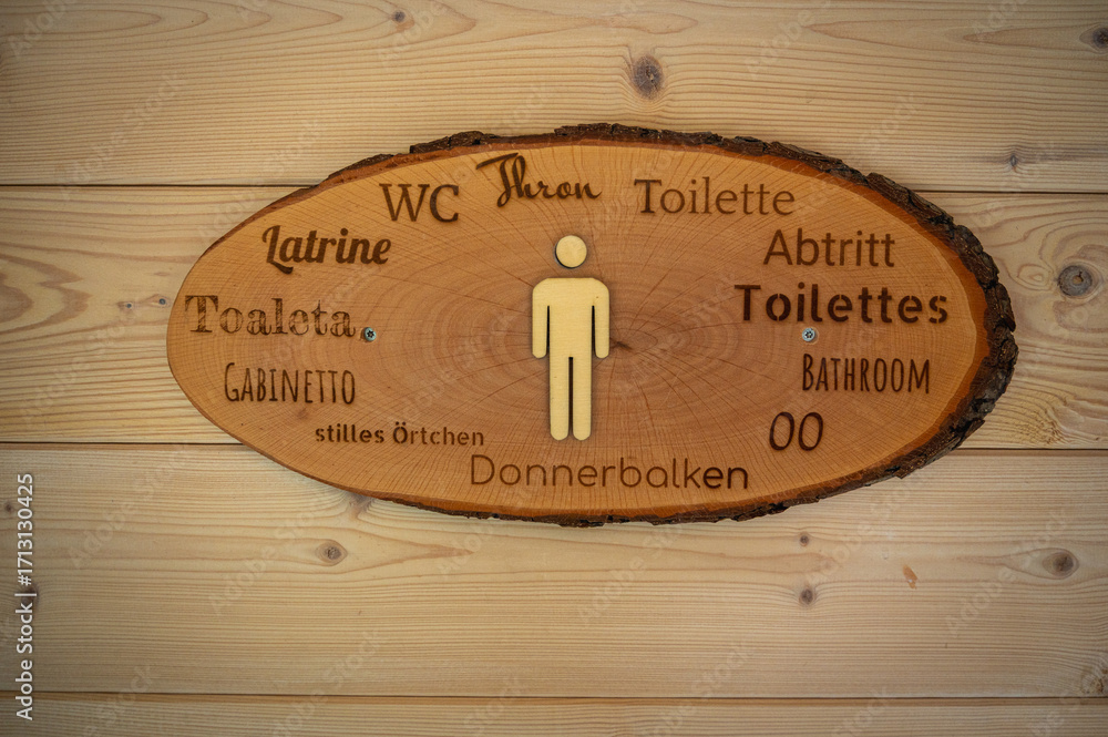 Φωτογραφία Humorous wooden sign for men's restroom with various international names for toilet, including Throne and Donnerbalken