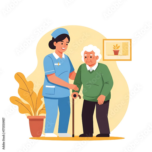 Nurse assisting elderly man with walking stick healthcare and support concept