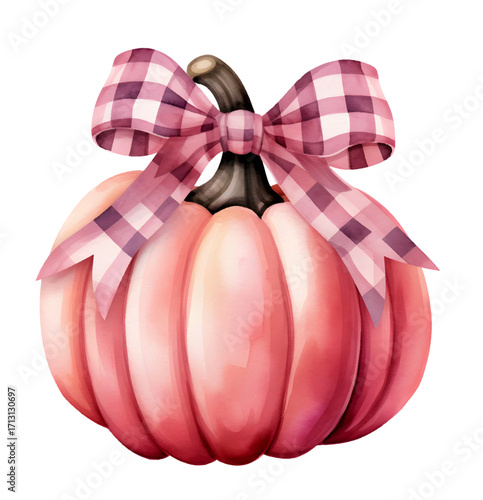 Pink Pumpkin with Plaid Bow – Cute Watercolor Autumn Illustration
