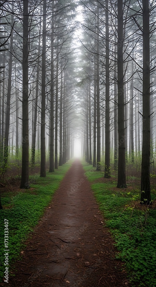 Fototapeta premium A path of trees leads through a misty forest, bathed in soft light, creating a serene and mysterious atmosphere.