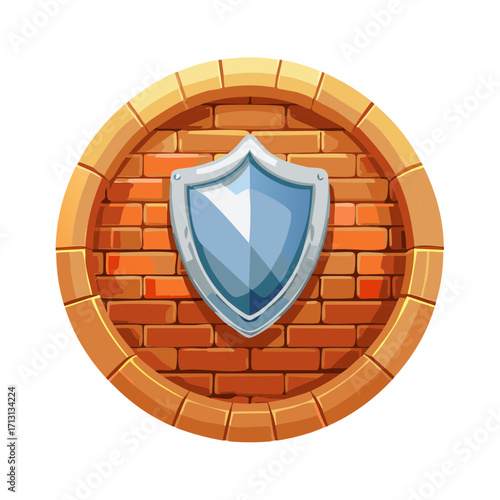 Shield Emblem on a Brick Wall Roundel Cartoon Medieval Armor Protection