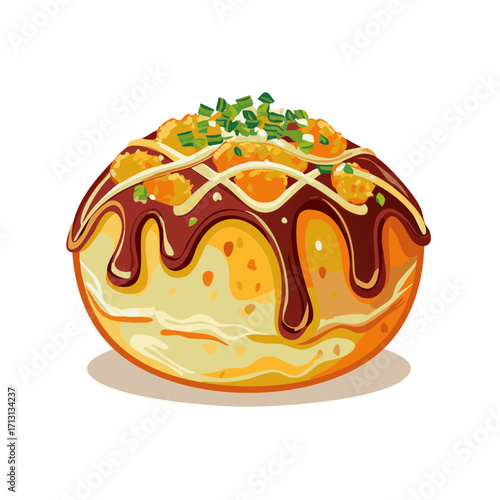 Delicious Japanese takoyaki street food snack covered in sauces and toppings