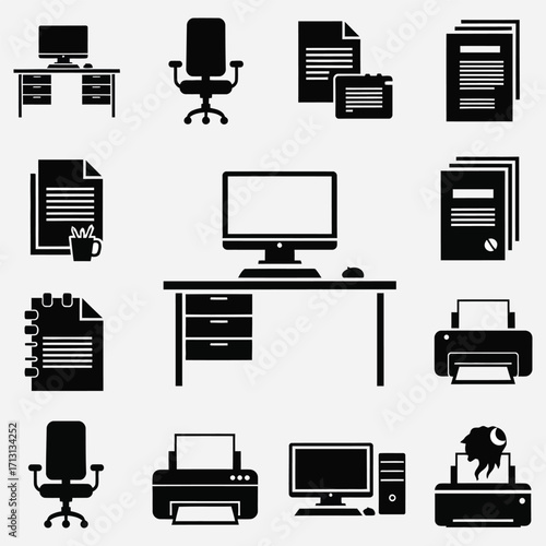 Office equipment icons desk, computer, chair, printer, copier, paper shredder, files