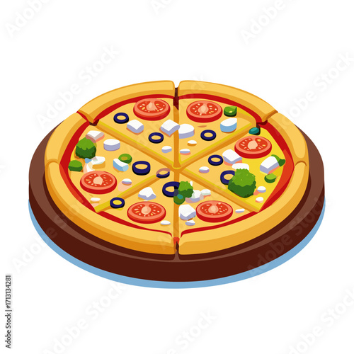 Whole Pizza With Tomatoes, Olives, Broccoli, and Cheese Slices on a Wooden Board