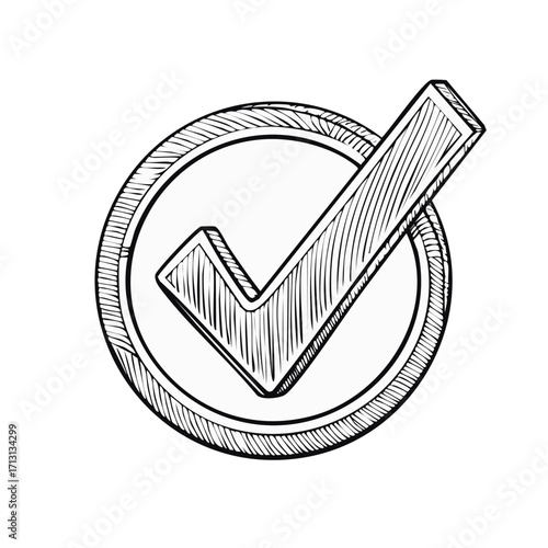 Hand-drawn checkmark inside circle, design element, approval concept
