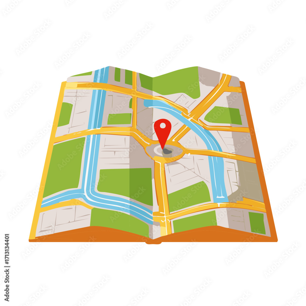 Fototapeta premium Flat design folded paper city map illustration with a prominent red location pin marker destination